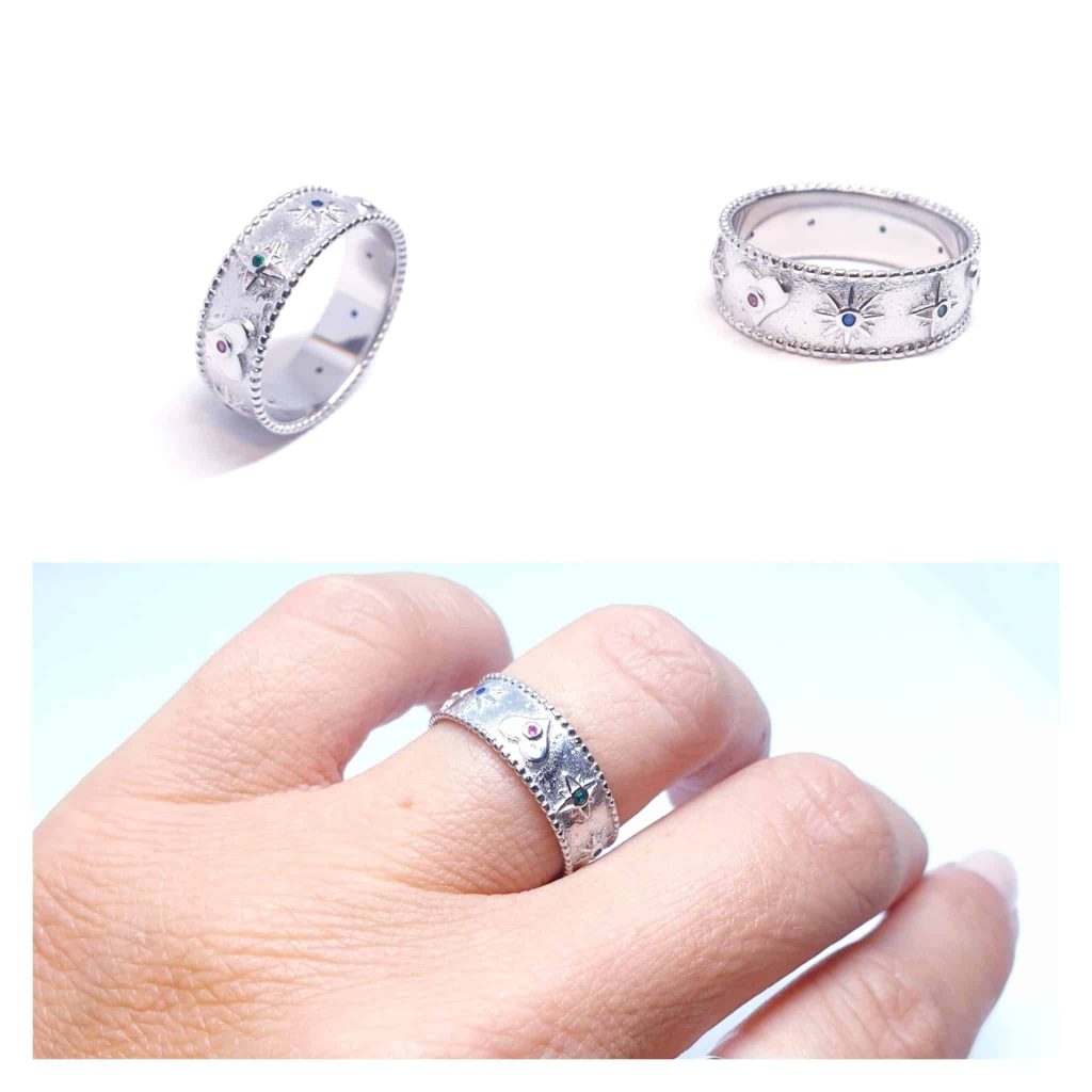 Anillo corazòn y estrellas polares de plata de ley
