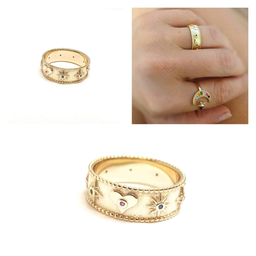 Anillo corazón y estrellas polares oro de 14 quilates
