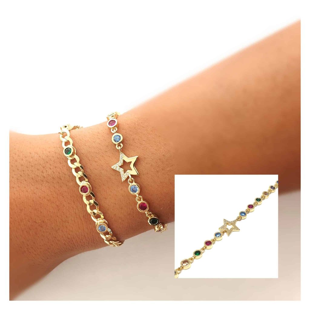 Pulsera estrella y piedras oro de 14 quilates