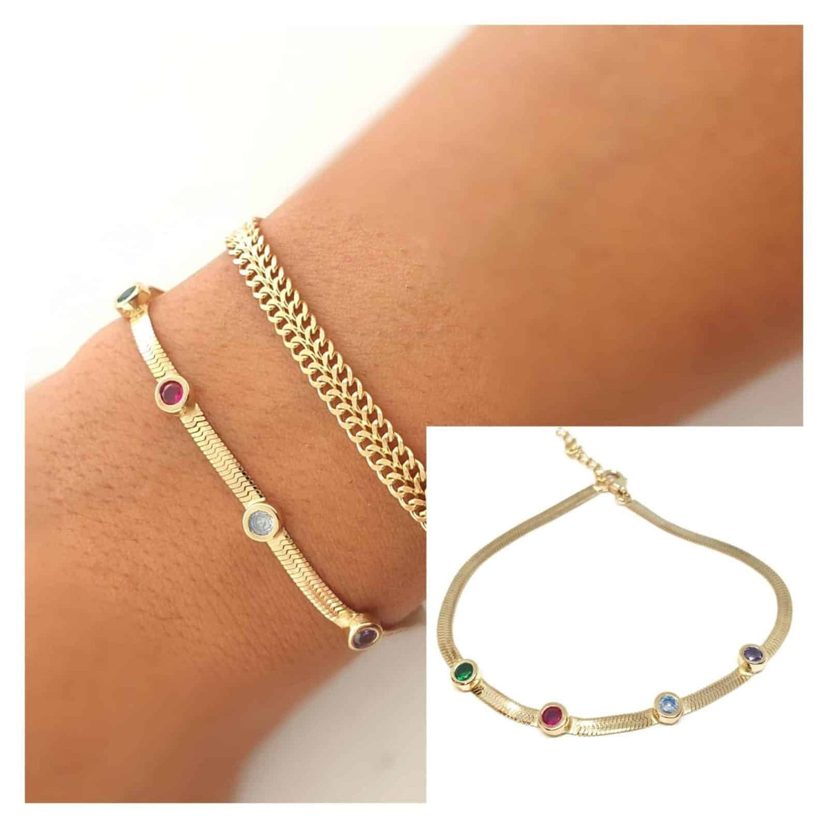 Pulsera plana multicolor de plata de ley con baño de oro de 14 quilates - vista adicional