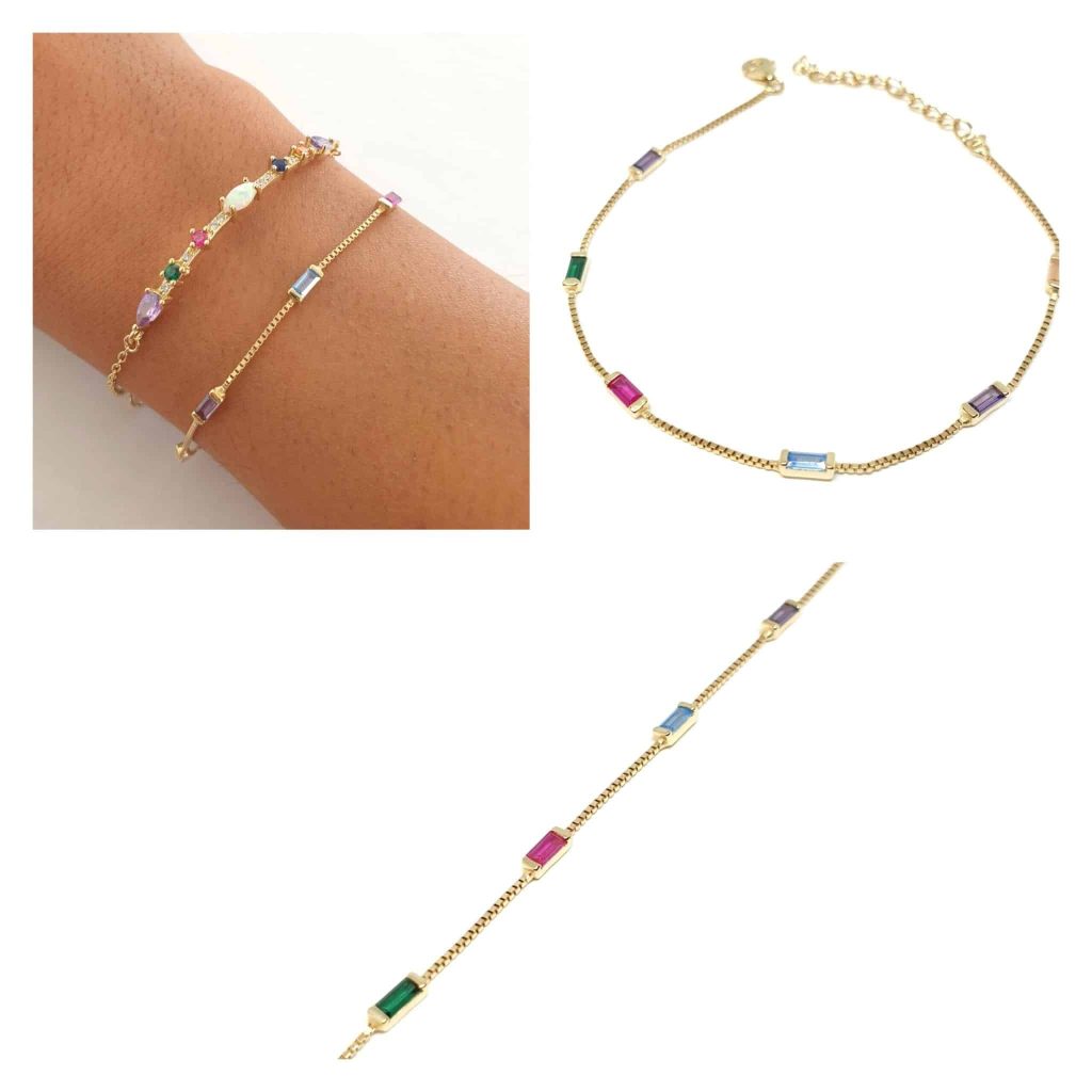 Pulsera baguette multicolor oro de 14 quilates