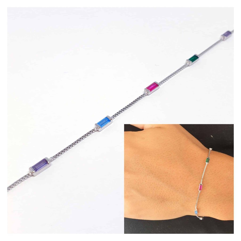 Pulsera baguette multicolor de plata de ley