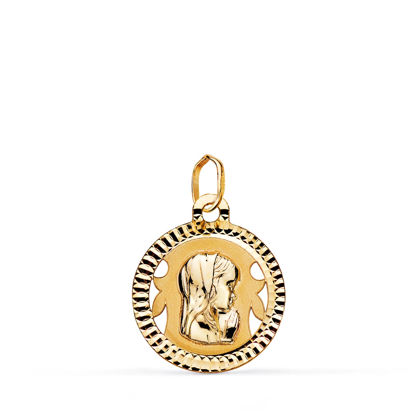 18K MEDALLA ORO AMARILLO VIRGEN NIÑA REDONDA TALLADA MATE Y BRILLO. MEDIDA: 16 MM