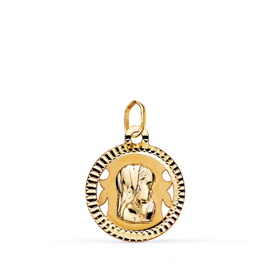 Medalla Virgen Niña Redonda Tallada Mate y Brillo. Medida: 16 mm de oro amarillo 18K
