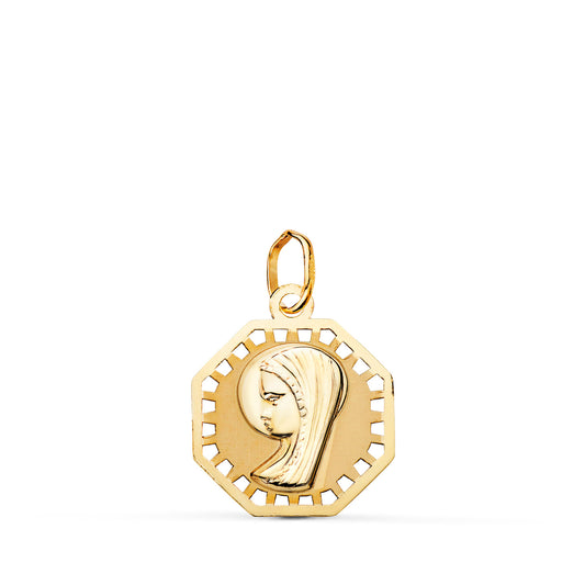 18K MEDALLA ORO AMARILLO VIRGEN NIÑA OCTOGONAL CALADA MATE Y BRILLO. MEDIDA: 17 X 15 MM