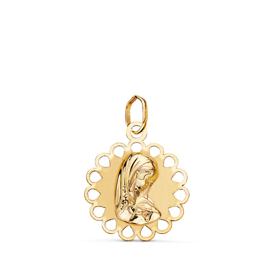 9K MEDALLA ORO AMARILLO VIRGEN NIÑA REDONDA CALADA MATE Y BRILLO. MEDIDA: 18 X 15 MM