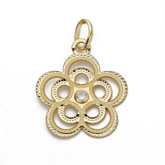 18K COLGANTE AMULETO ORO AMARILLO FLOR CALADA CIRCONITA 17X15 MM