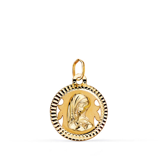Medalla Virgen Niña Redonda Tallada Mate y Brillo. Medida: 16 mm de oro amarillo 18K