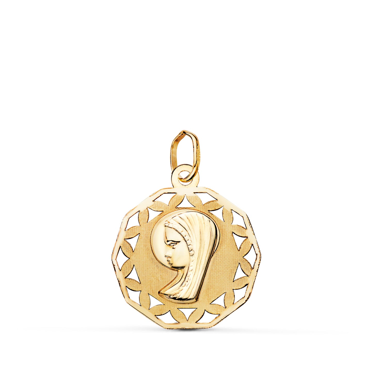 18K MEDALLA ORO AMARILLO VIRGEN NIÑA CALADA Y MATIZADA. MEDIDA: 19 X 16,5 MM