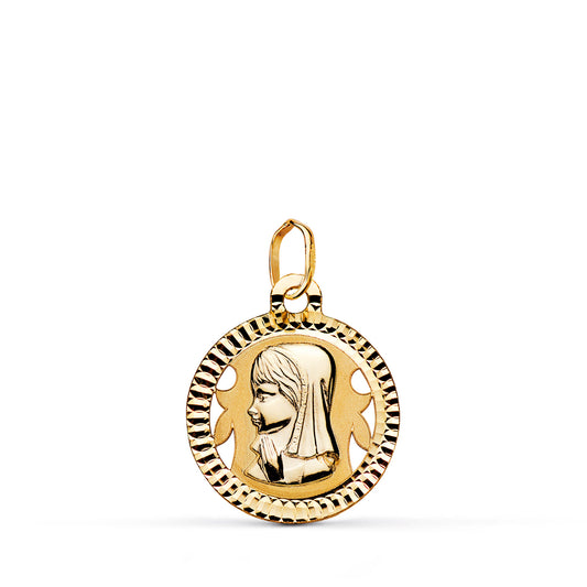 18K MEDALLA ORO AMARILLO VIRGEN NIÑA REDONDA TALLADA MATE Y BRILLO. MEDIDA: 16 MM