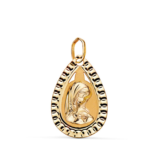 Medalla Gota con Virgen Niña y Borde Tallado 20 x 13 mm de oro amarillo 18K