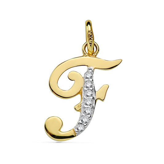 Colgante Bicolor Letra F Circonita 16 x 12 mm 18K