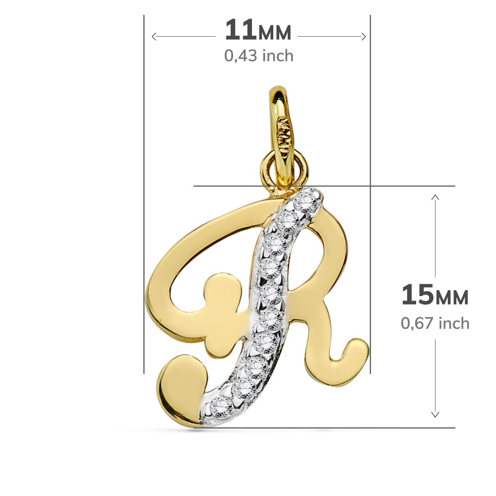18K COLGANTE ORO BICOLOR LETRA R CIRCONITA 15X11 MM