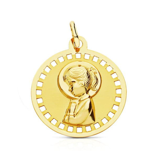18K MEDALLA ORO AMARILLO VIRGEN NIÑA REDONDA CALADA 18 MM