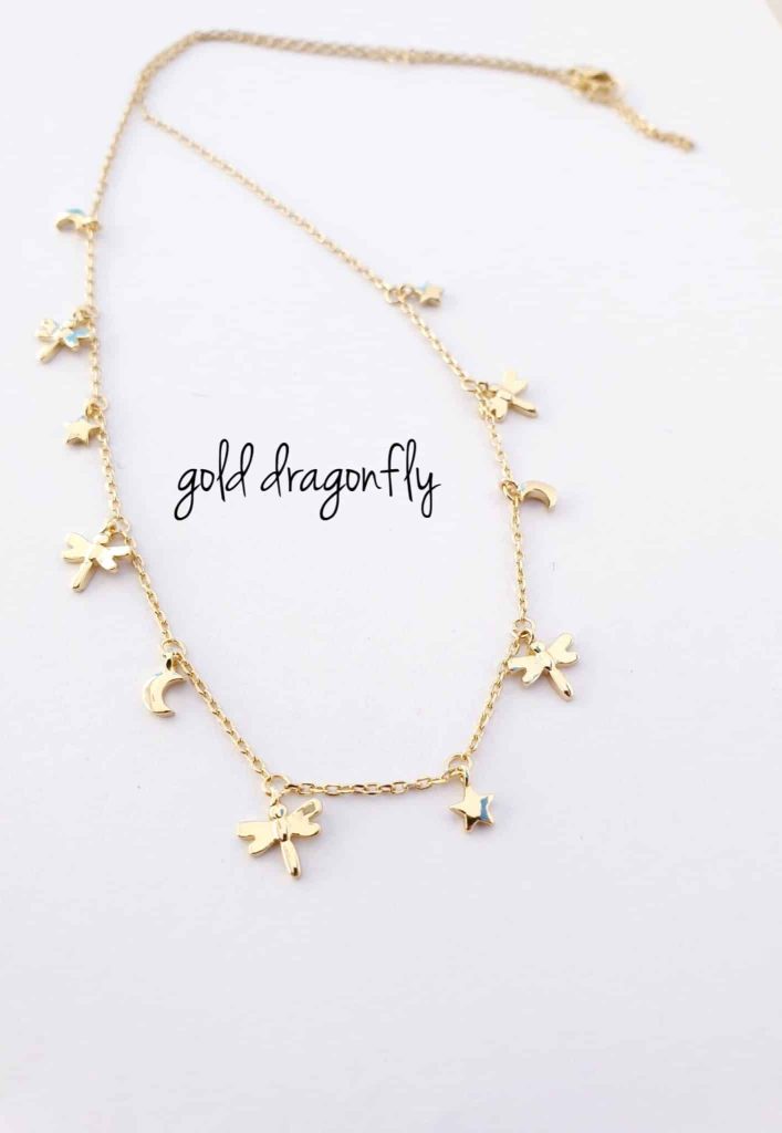 Collar libélulas, estrellas, lunas oro de plata de ley