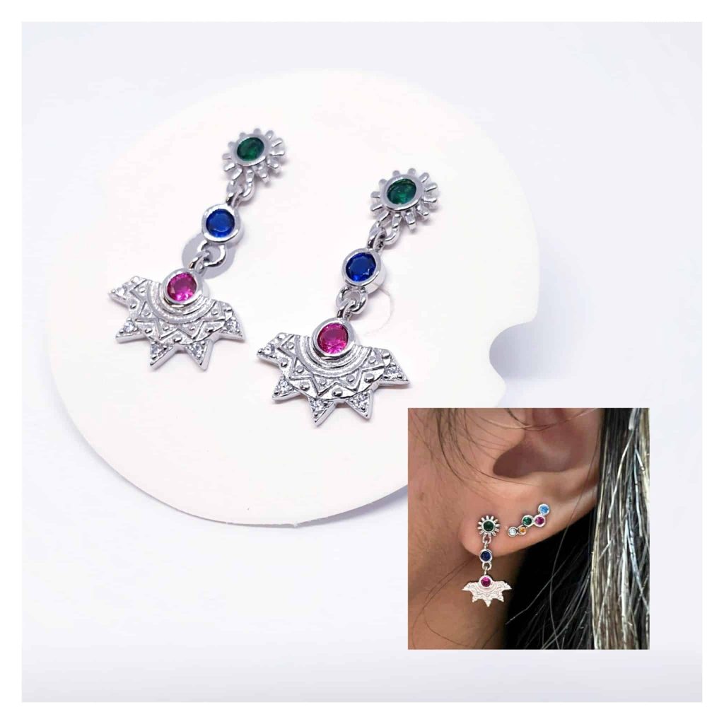 Pendiente bohemian multicolor de plata de ley