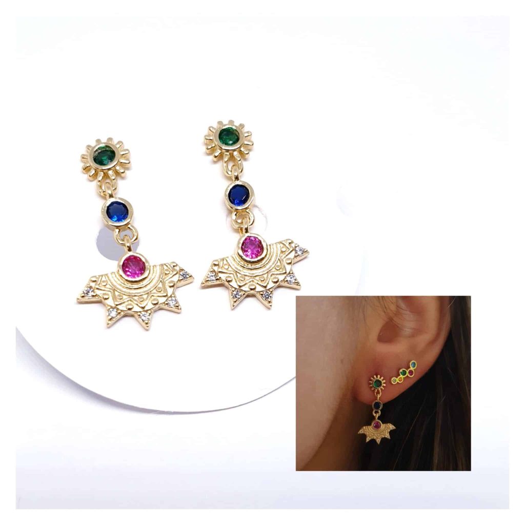 Pendiente bohemian multicolor oro de 14 quilates