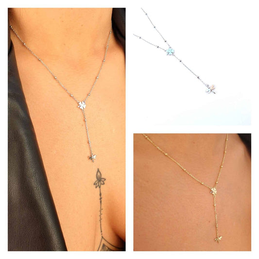 Collar «Y» trébol y libélula de plata de ley - Joyería Zafir