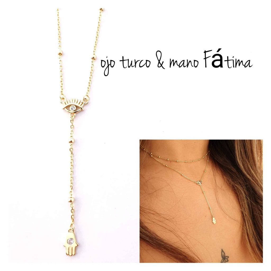 Collar «Y» ojo protector y mano de Fátima oro de plata de ley