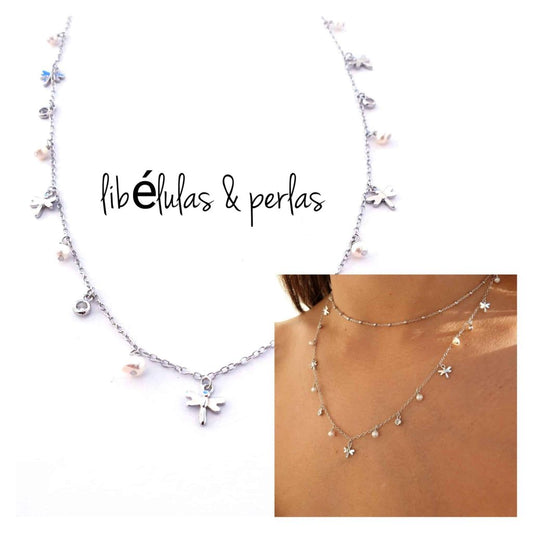 Collar libélulas, circonitas y perlas de plata de ley - Joyería Zafir