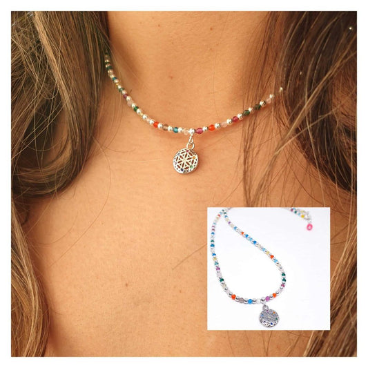 Collar flor de la vida colorfull de plata de ley - Joyería Zafir