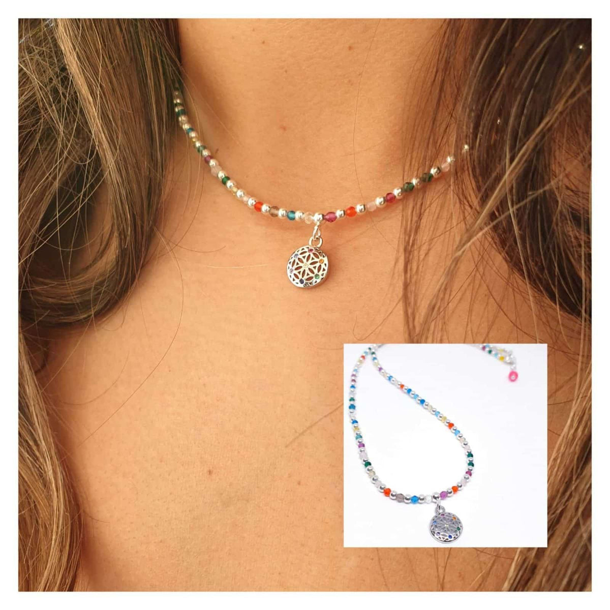 Collar flor de la vida colorfull de plata de ley - vista adicional