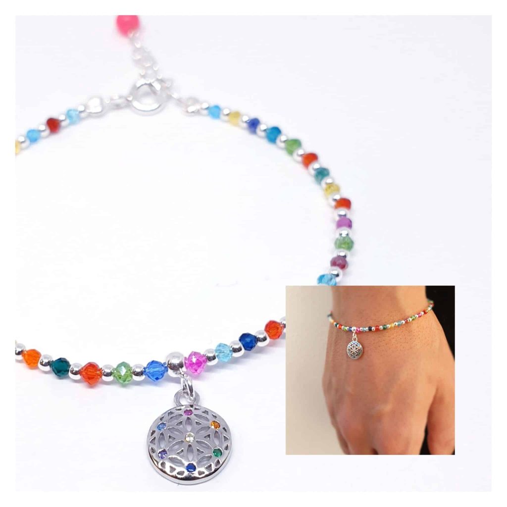 Pulsera flor de la vida colorfull de plata de ley