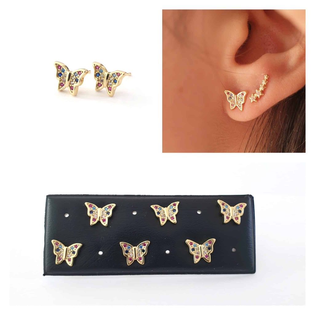 Pendiente mariposa oro multicolor de 14 quilates