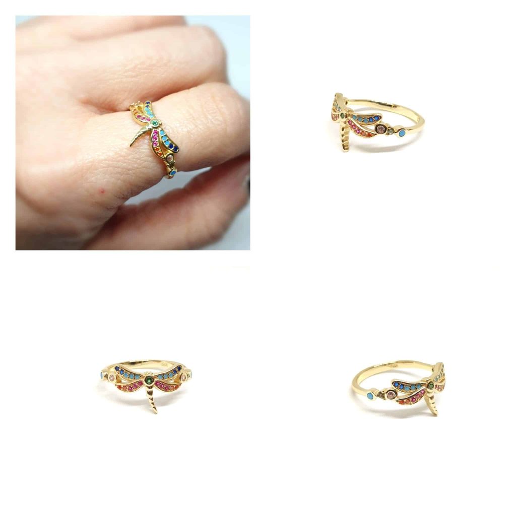 Anillo libélula oro multicolor de 14 quilates