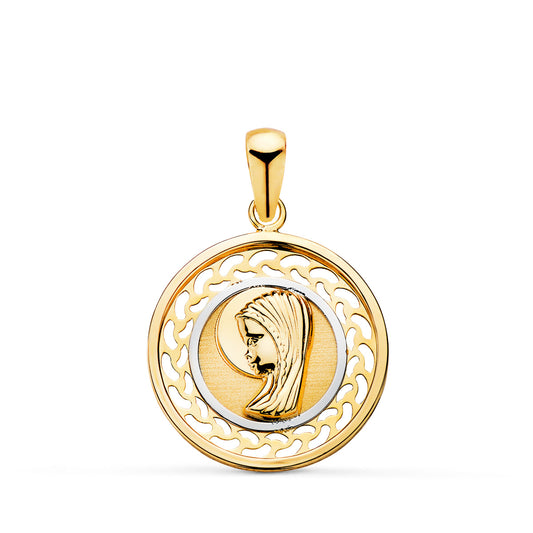 Medalla Bicolor Virgen Niña Redonda Cerco Calado. Medida: 17 mm 18K