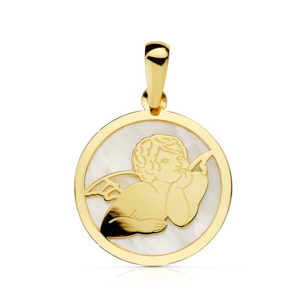 18K COLGANTE ORO AMARILLO REDONDO NACAR ANGEL 17 MM