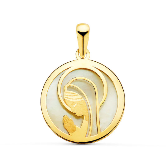 18K MEDALLA ORO AMARILLO VIRGEN NIÑA NACAR REDONDA 17 MM
