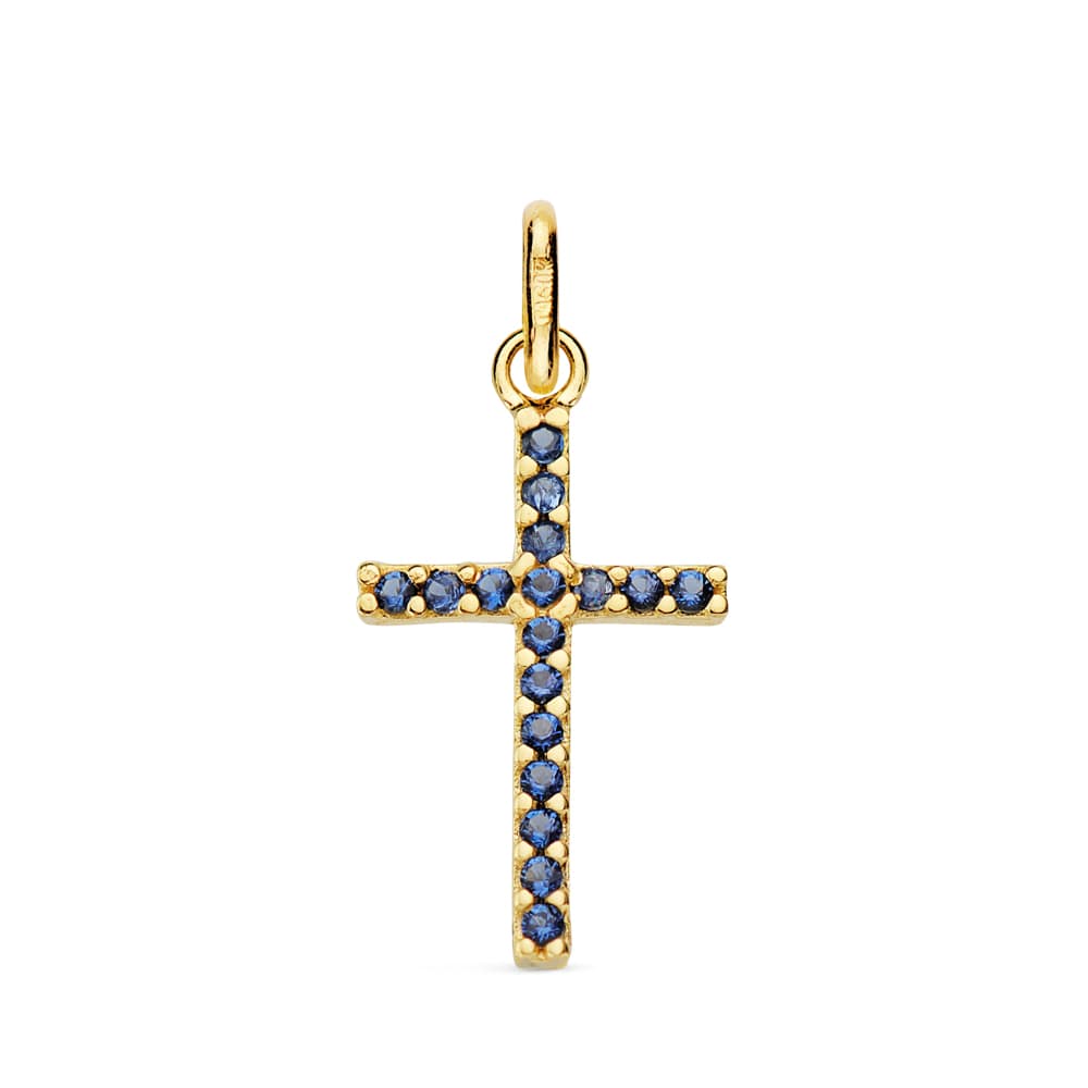 18K CRUZ ORO AMARILLO CON CIRCONITAS AZULES. MEDIDA: 18X10 MM
