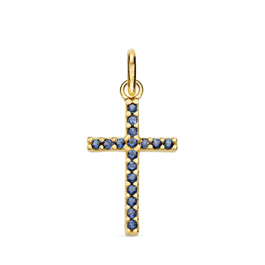 18K CRUZ ORO AMARILLO CON CIRCONITAS AZULES. MEDIDA: 18X10 MM