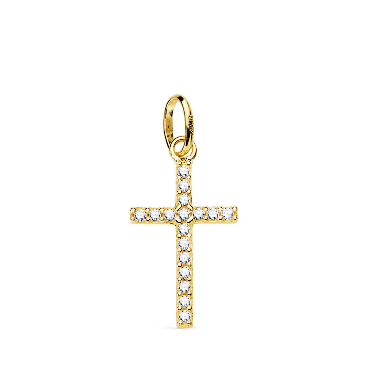18K CRUZ ORO AMARILLO CON CIRCONITAS BLANCAS. MEDIDA: 18X10 MM