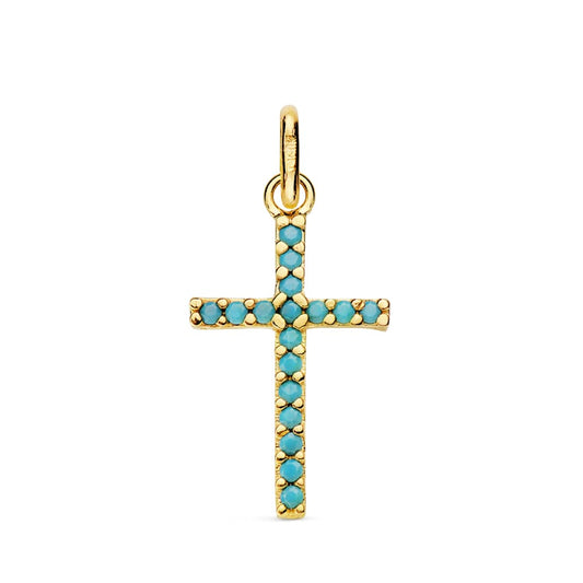 18K CRUZ ORO AMARILLO PIEDRAS TURQUESAS 16X10 MM