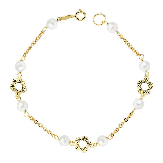 Pulsera Flor y Perlas 5 mm 18 cm de oro amarillo 18K