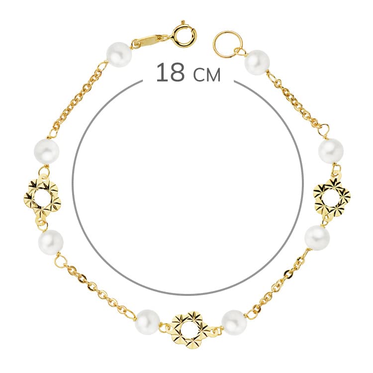 18K PULSERA ORO AMARILLO FLOR Y PERLAS 5 MM 18CM
