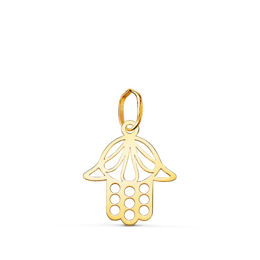Colgante Amuleto Mano de Fatima Calada en Brillo. Medida: 16 x 14 mm de oro amarillo 18K