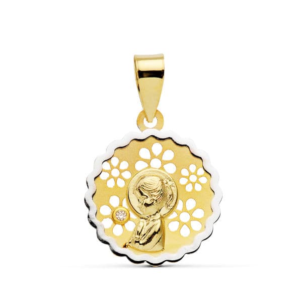 18K MEDALLA ORO AMARILLO VIRGEN NIÑA BICOLOR 15 MM CIRCONITA