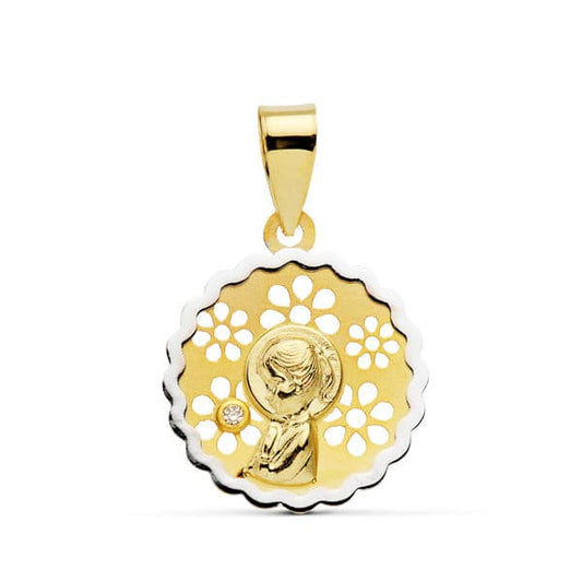 18K MEDALLA ORO AMARILLO VIRGEN NIÑA BICOLOR 15 MM CIRCONITA