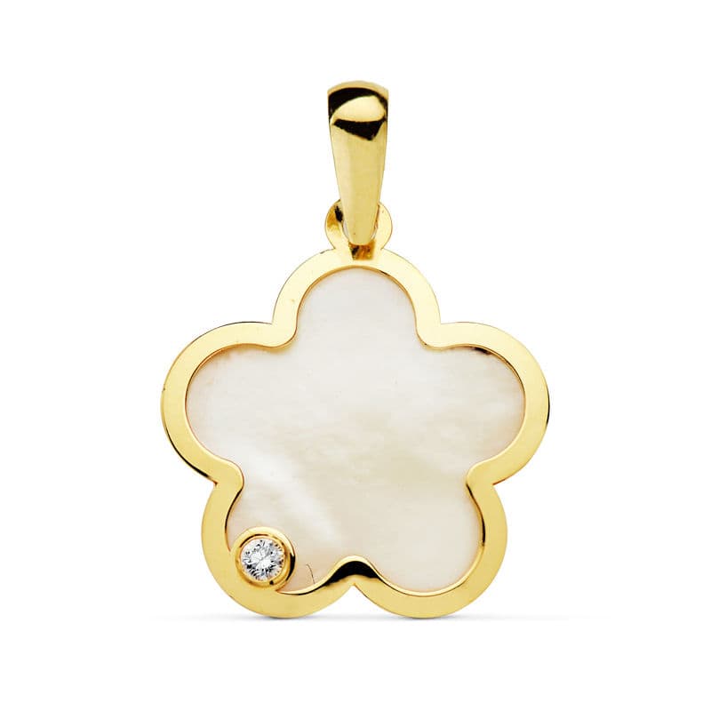 18K COLGANTE AMULETO ORO AMARILLO FLOR NACAR CIRCONITA 17X17 MM