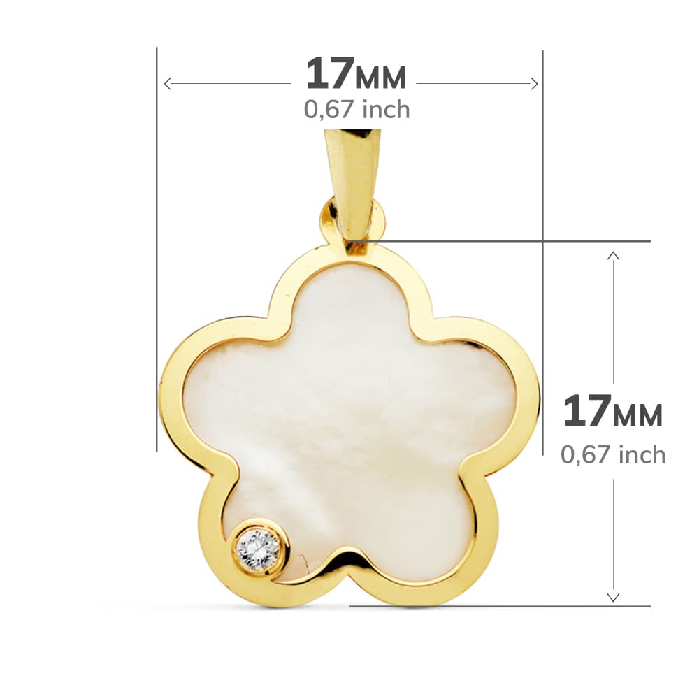 18K COLGANTE ORO AMARILLO FLOR NACAR CIRCONITA 17X17 MM