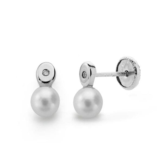 18K PENDIENTES ORO BLANCO PERLA Y DIAMANTES TALLA BRILLANTE 0.02 QTS.CIERRE TUERCA