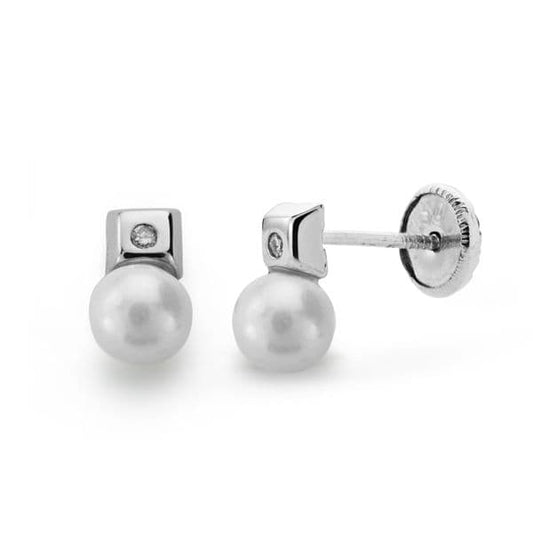 18K PENDIENTES ORO BLANCO PERLA Y DIAMANTES TALLA BRILLANTE 0.02 QTS.CIERRE TUERCA
