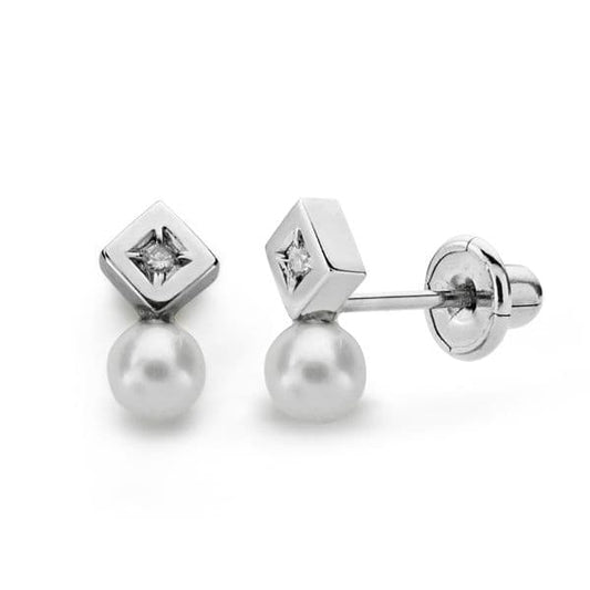 18K PENDIENTES ORO BLANCO PERLA 3 MM DIAMANTES NATURALES SI-H TALLA BRILLANTE 0,012 QTS. CIERRE TUERCA