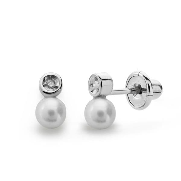 18K PENDIENTES ORO BLANCO PERLA 3 MM DIAMANTES NATURALES SI-H TALLA BRILLANTE 0,012 QTS. CIERRE TUERCA