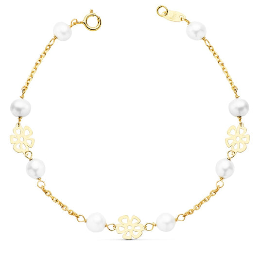 Pulsera Comunion Flores Caladas 17 cm de oro amarillo 18K