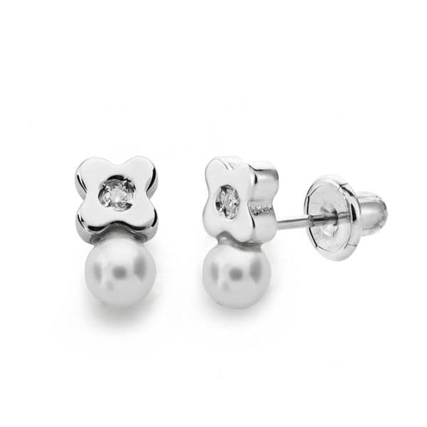 18K PENDIENTES ORO BLANCO PERLA 3 MM DIAMANTES TALLA BRILLANTE 0.012KTS CIERRE TUERCA
