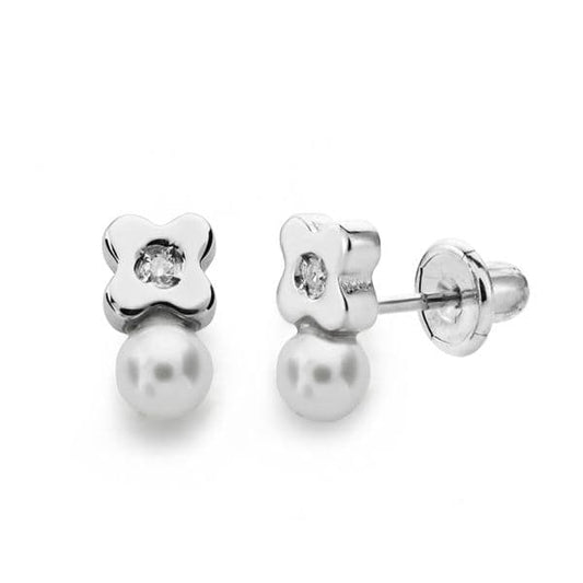 18K PENDIENTES ORO BLANCO PERLA 3 MM DIAMANTES TALLA BRILLANTE 0.012KTS CIERRE TUERCA